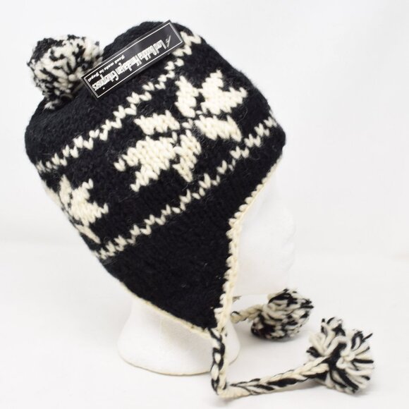 Nepal Beanie Knit Wool Women Hat Snowflake Pom Chin Tie Ear Flap Trapper Lined - Picture 2 of 11